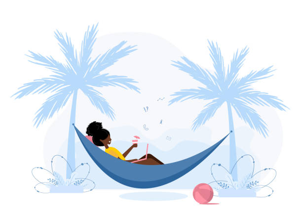 ilustrações de stock, clip art, desenhos animados e ícones de women freelance. african girl with laptop lies in hammock under palm trees with cocktail. concept illustration for working outdoors, studying, communication, healthy lifestyle. flat style. - hammock
