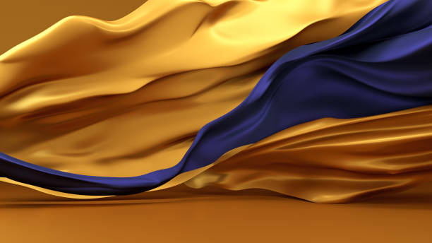 sfondo oro glamour con stoffa volante d'oro e blu - blue gold satin silk foto e immagini stock