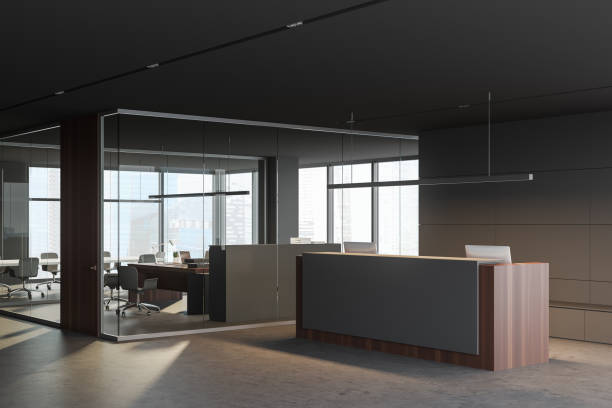 istock Reception in gray office corner with meeting room 1253017725