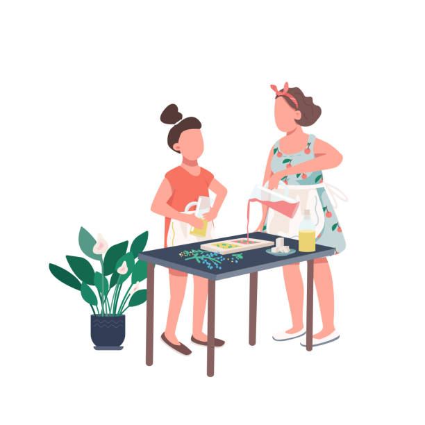 Family soap making flat color vector faceless character Family soap making flat color vector faceless character. Mother and daughter make DIY recipe. Workshop on craft. Creative hobby isolated cartoon illustration for web graphic design and animation melting girl stock illustrations