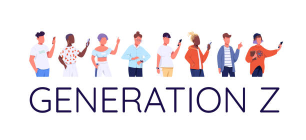 Generation Z flat color vector faceless characters set Generation Z flat color vector faceless characters set. Modern technological lifestyle, online communication. Young people with smartphones isolated cartoon illustrations on white background gen z stock illustrations