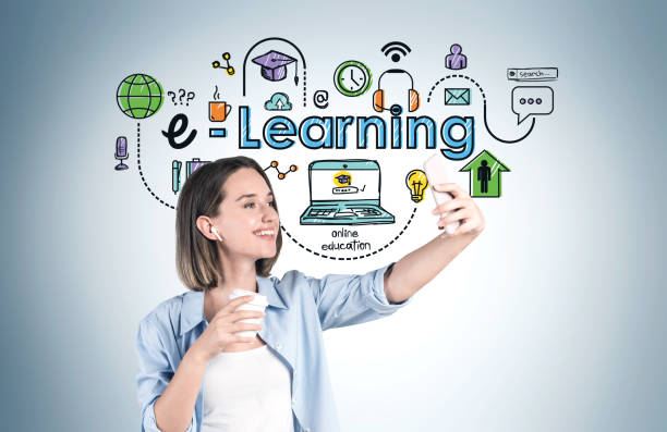 istock Smiling video chatting woman, e learning sketch 1253018431