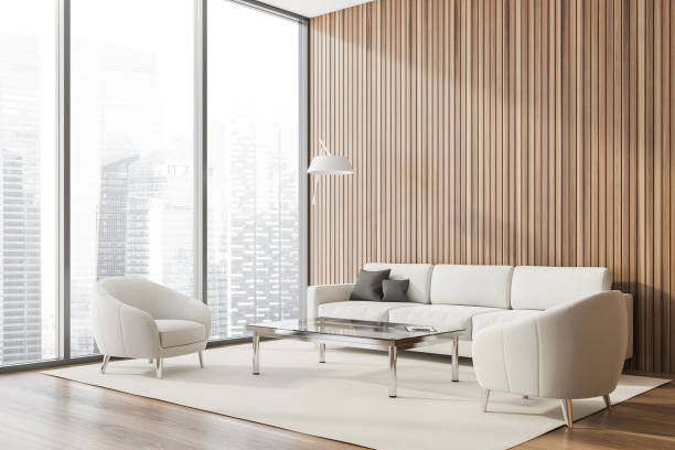 istock Panoramic wood lounge corner, armchairs and sofa 1253018462