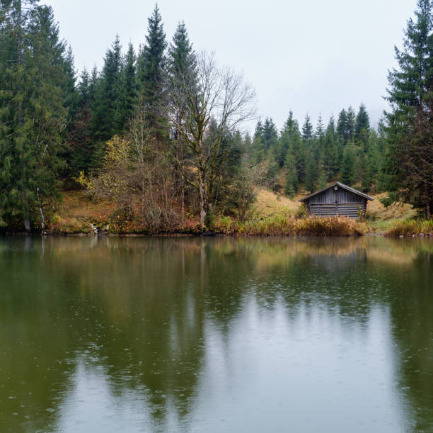 Alpine  lake Geroldee or Wagenbruchsee, Bavaria, Germany. Autumn overcast, foggy and drizzle day. Picturesque traveling, seasonal, weather, and rural nature beauty concept scene.