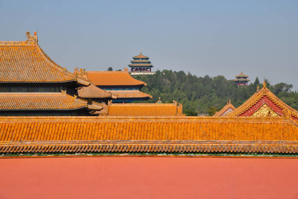 Compressed view at roof level of colorful red wall and red roofs of ancient palaces of the Forbidden City in Beijing China