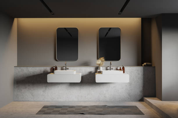 istock Grey and stone bathroom with double sink 1253019907