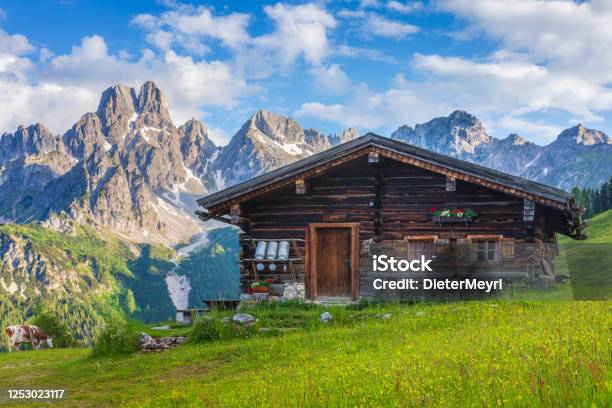 Alpine Scenery With Mountain Chalet In Summer Stock Photo - Download Image Now - Log Cabin, Mountain, Hut