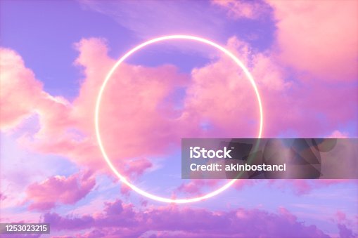 istock Neon Circle Frame in the Sky, Futuristic Background. 1253023215