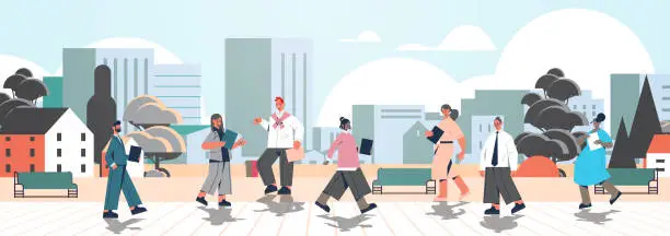 Vector illustration of mix race businesspeople with folders walking outdoor business people office workers in urban park