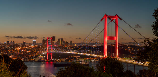 istock Istanbul Strait, sunset red sky over bridge. 1253024123