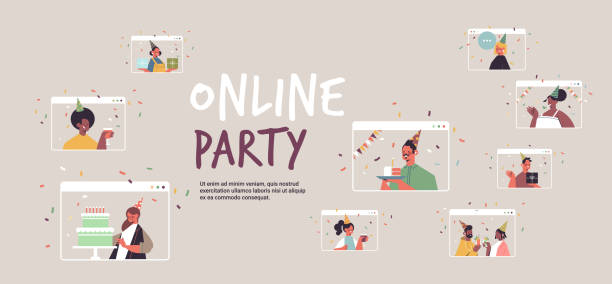 set people in festive hats celebrating online birthday party mix race men women in computer windows set people in festive hats celebrating online birthday party mix race men women in computer windows celebration self isolation quarantine concept portrait horizontal copy space vector illustration virtual birthday celebration stock illustrations