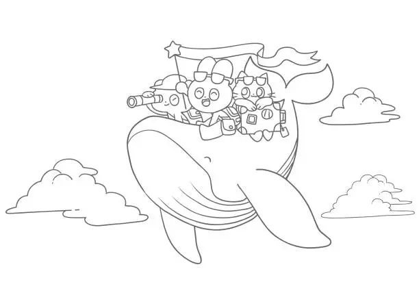 Vector illustration of Coloring book of rabbit, bear and cat on a whale