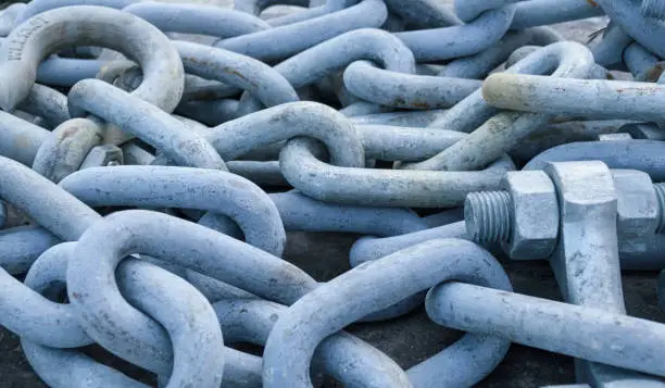 Anchor chain from a anchor winch on deck. Stud link anchor chains. Jumbo chain links.