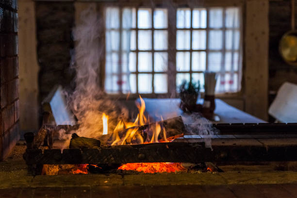 Old fireplace in abandoned mansion.