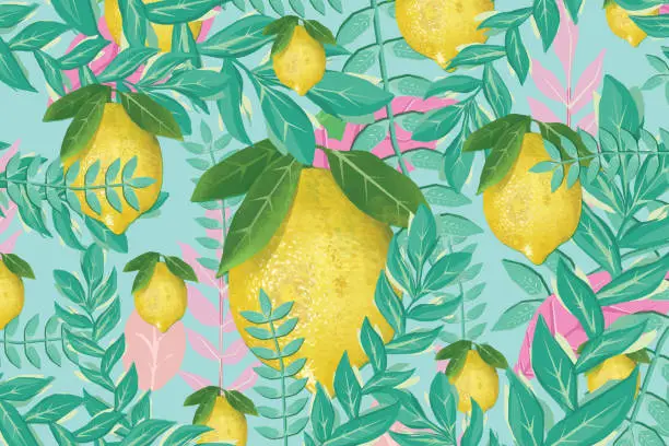 Vector illustration of Floral seamless pattern and lemon