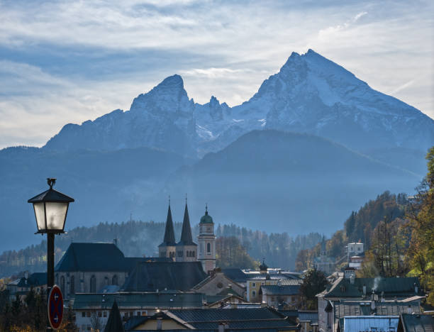 Autumn hazy day  Berchtesgaden town and Watzmann top, Germany
