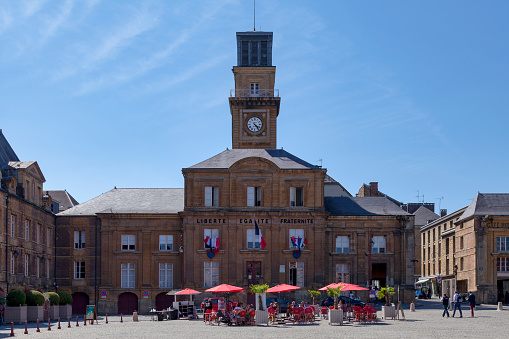 Charleville-Mézières, France - June 25 2020: The City hall of Charleville is located on the ducal square. It is classified as a historic monument with all of the buildings in the square.
