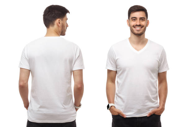 istock Front and back mockup of young man standing with hands in pockets, wearing blank tshirt with copy space, isolated on white background 1253035022