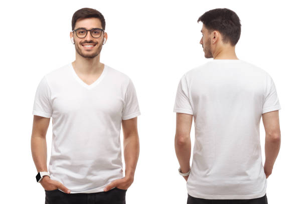 istock Front and back template of young man standing with hands in pockets, wearing blank tshirt with copy space and glasses, isolated on white background 1253035023