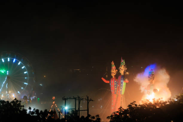 Ramlila Meghnath effigy on fire efigy of Meghnath being burnt during Dussehra celebrations ravana in happy dussehra stock pictures, royalty-free photos & images