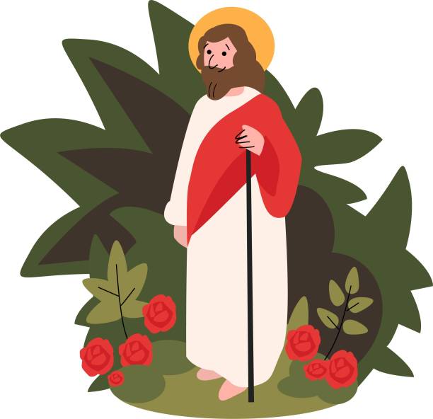 urocza wektorowa ilustracja jezusa chrystusa w kwitnącym ogrodzie kwiatowym pokazuje drogę i uczy swoich młodych uczniów o biblii.syn boży jest dobrym pasterzem. religijne chrześcijańskie dzieci projekt dla rodziny wielkanoc - wystawa ogrodnicza stock illustrations