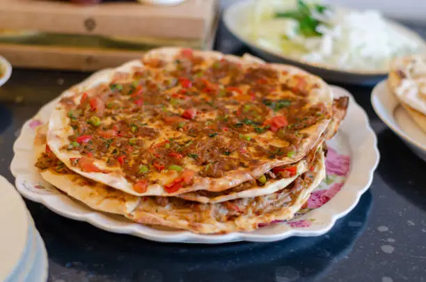 Traditional Turkish pizza (lahmacun) homemade in coronavirus quarantine days