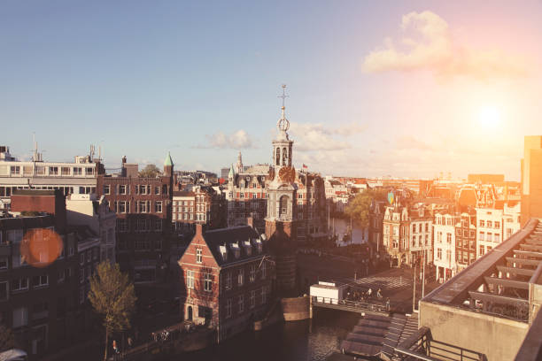 Amsterdam aerial view cityscape sunset, Netherlands