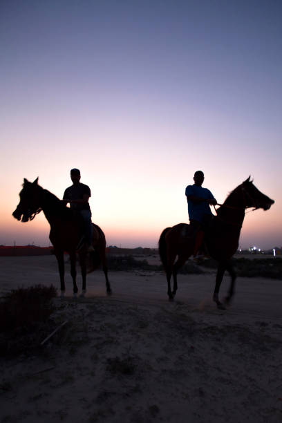 Manama, Bahrain, January 3, 2017 : Silhouette People Riding Horses on Desert Against Sunset, People Portraits from desert of Bahrain
