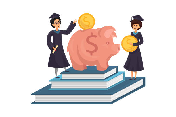 Capital, money, education, loan concept Capital, money, education, loan concept. Man and woman students cartoon characters earning saving cash coins for college or university in pig moneybox. Study investment business or payment obligation. pics for graduation free stock illustrations