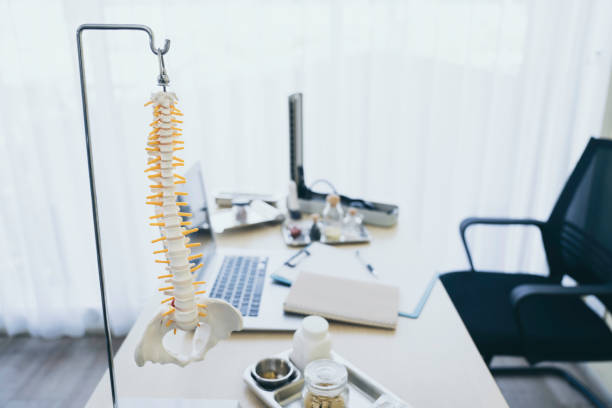 modelo backbone na mesa em sala de médicos no hospital - physical therapy - fotografias e filmes do acervo