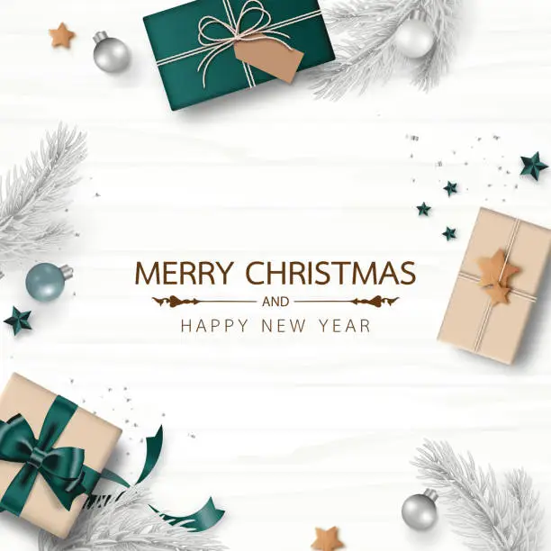 Vector illustration of Merry Christmas and Happy New Year. Xmas background decorated with gifts box, pine branch, Christmas balls, confetti, and star isolated on white wood background. Minimal style.  Vector illustration.