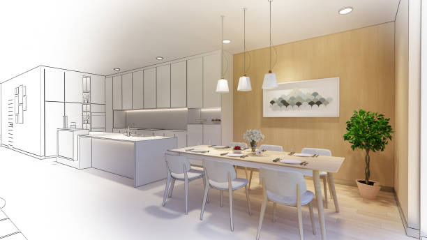 istock 3d rendering. Interior house modern open living space with kitchen.Loft style Duplex apartment residence.Home decoration luxury  interior design. 1253050087