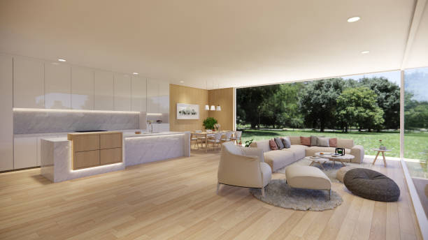 istock 3d rendering. Interior house modern open living space with kitchen.Loft style Duplex apartment residence.Home decoration luxury  interior design. 1253050088