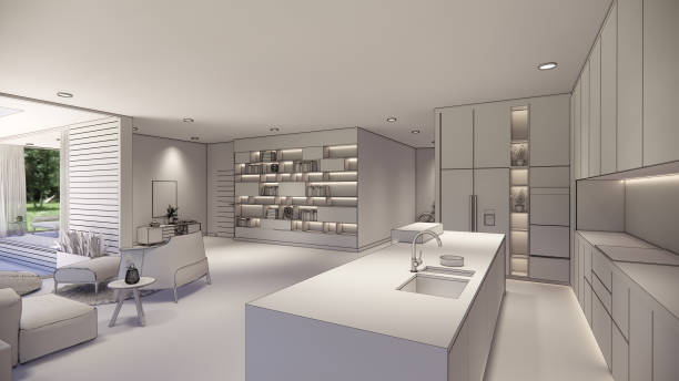 istock 3d rendering. Interior house modern open living space with kitchen.Loft style Duplex apartment residence.Home decoration luxury  interior design. 1253050096