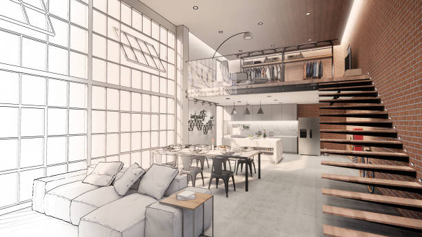istock 3d rendering. Interior house modern open living space with kitchen.Loft style Duplex apartment residence.Home decoration   interior design.drawing line sketch to realistic. 1253050172