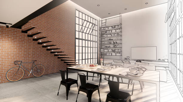 istock 3d rendering. Interior house modern open living space with kitchen.Loft style Duplex apartment residence.Home decoration   interior design.drawing line sketch to realistic. 1253050192
