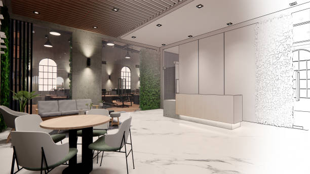 istock 3d rendering. Interior house modern open living space with kitchen.Loft style Duplex apartment residence.Home decoration   interior design.drawing line sketch to realistic. 1253050210