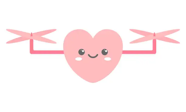 Vector illustration of Kawaii heart is flying. Cute face. Wireless device with propellers, Copter with remote controller, quadcopter, aircraft with remotely radio controlled flying robots, multicopter vectorVector illustrat