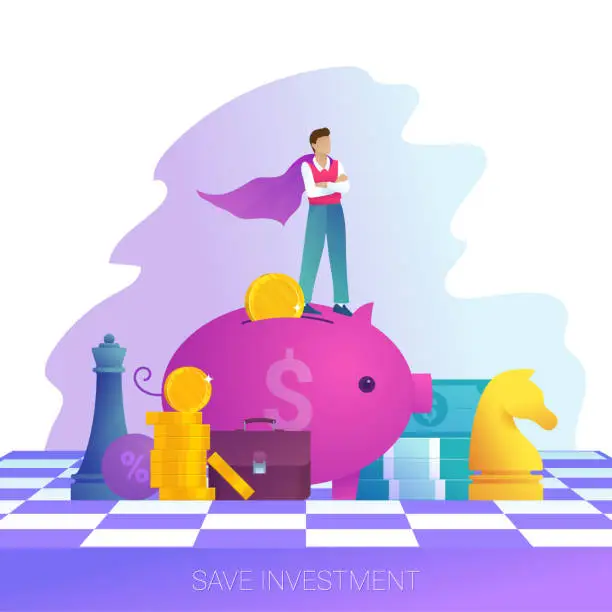 Vector illustration of Concept of save investment, business strategy and leadership. Businessman in superman cloak stands on piggy bank