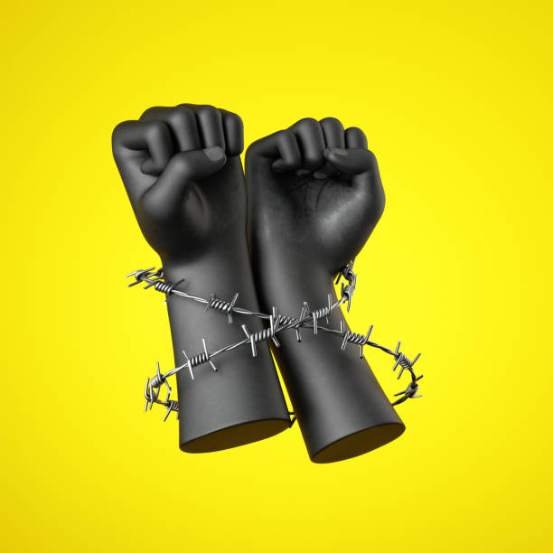 3d render, black human hands wrapped with barbwire, isolated on yellow background. fists of anger. fight for human rights, against discrimination. social justice concept - anti racism imagens e fotografias de stock