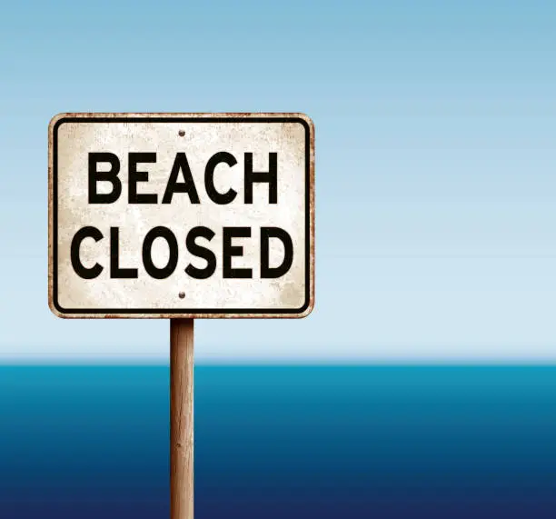 Vector illustration of Red 'beach closed' warning sign with sea