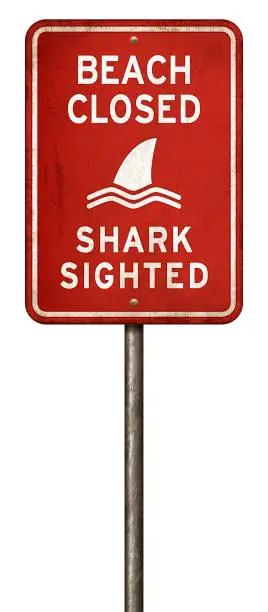 Vector illustration of Red 'beach closed_shark' warning sign isolated on white