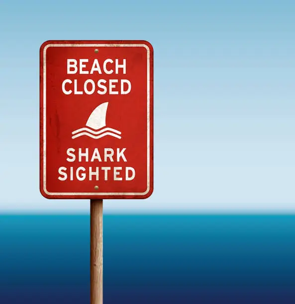 Vector illustration of Red 'beach closed_shark' warning sign with sea
