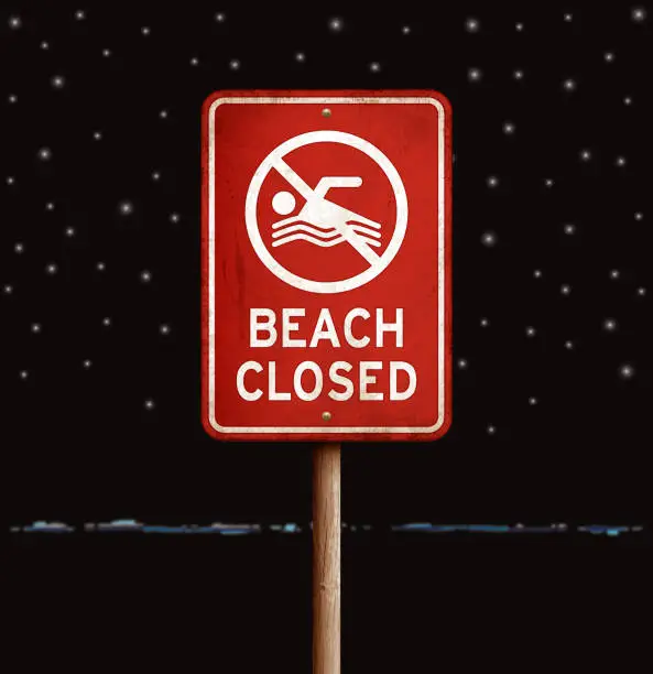 Vector illustration of Red 'beach closed' warning sign with sea at night
