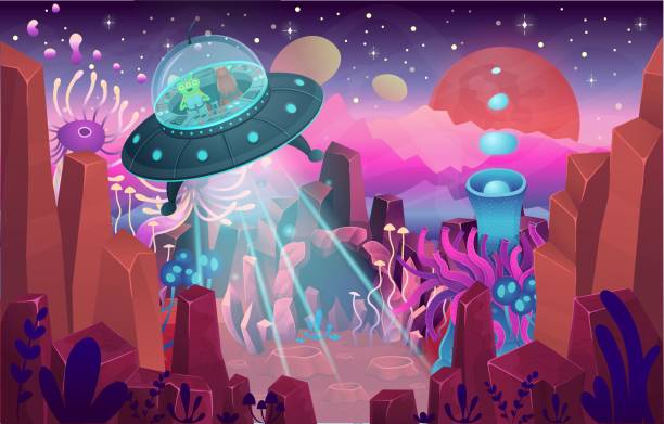 istock Fantasy landscape with a cave magical plants and mushrooms. Illustration of space with a flying saucer. Background for games and mobile applications. 1253057774