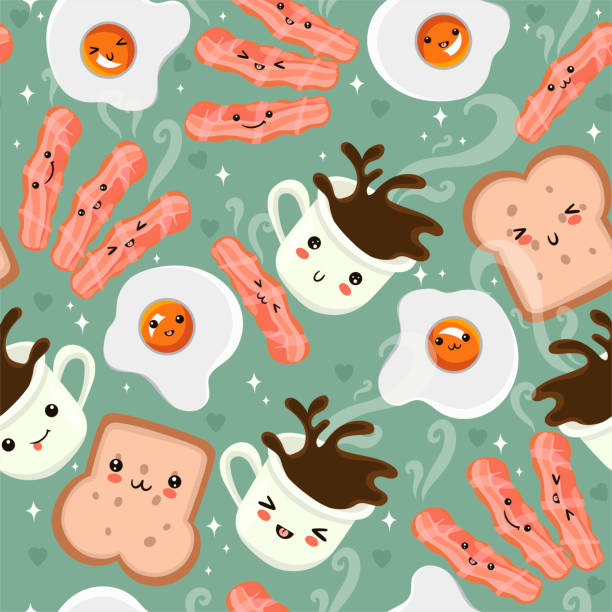 яйца, кофе и бекон бесшовные картины. симпатичный завтрак. векторная графика - coffee fried egg breakfast toast stock illustrations