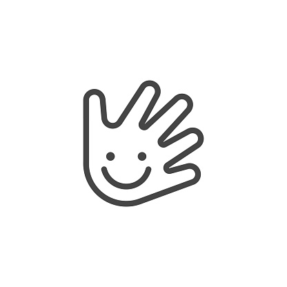 Thin Outline Icon Hand and Smile. Such Line sign as Fine Motor Skills, Preschool Learning, or Logo Daycare. Vector Computer Custom Isolated Pictograms EPS, for Web on White Background Editable Stroke.