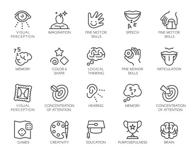 premium icons pack auf menschliche kognitive fähigkeiten und vorschulentwicklung von kindern. solche linienzeichen wie feinmotorik, artikulation. vektorsymbole für web und app in umriss bearbeitbaren strich - sinne stock-grafiken, -clipart, -cartoons und -symbole