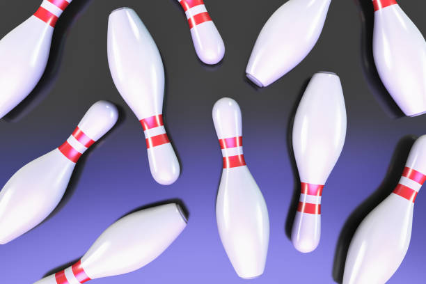 Minimalist photo of bowling pin over turquoise blue background. Flat lay top down image of white bowling pin with copy space.