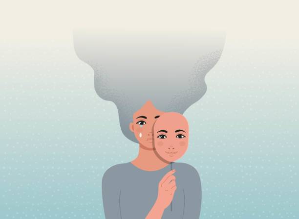 Sad woman is covering her face with a smiling mask. Concept good and bad mood. Sad woman is covering her face with a smiling mask. Concept good and bad mood. facial mask woman stock illustrations
